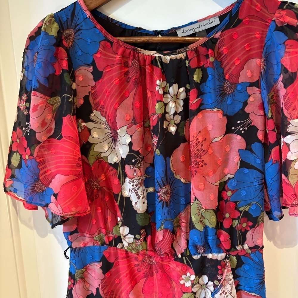 Danny & Nicole Floral Chiffon Midi Dress Red Blue Sheer Sleeve Women’s 4 - Picture 2 of 6